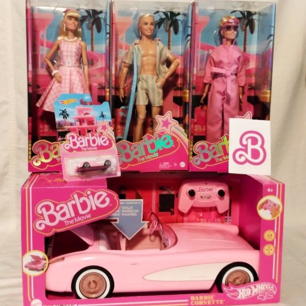 LOT OF 6: BARBIE THE MOVIE – RC CORVETTE, 2 BARBIES, KEN, HW CORVETTE & STICKER